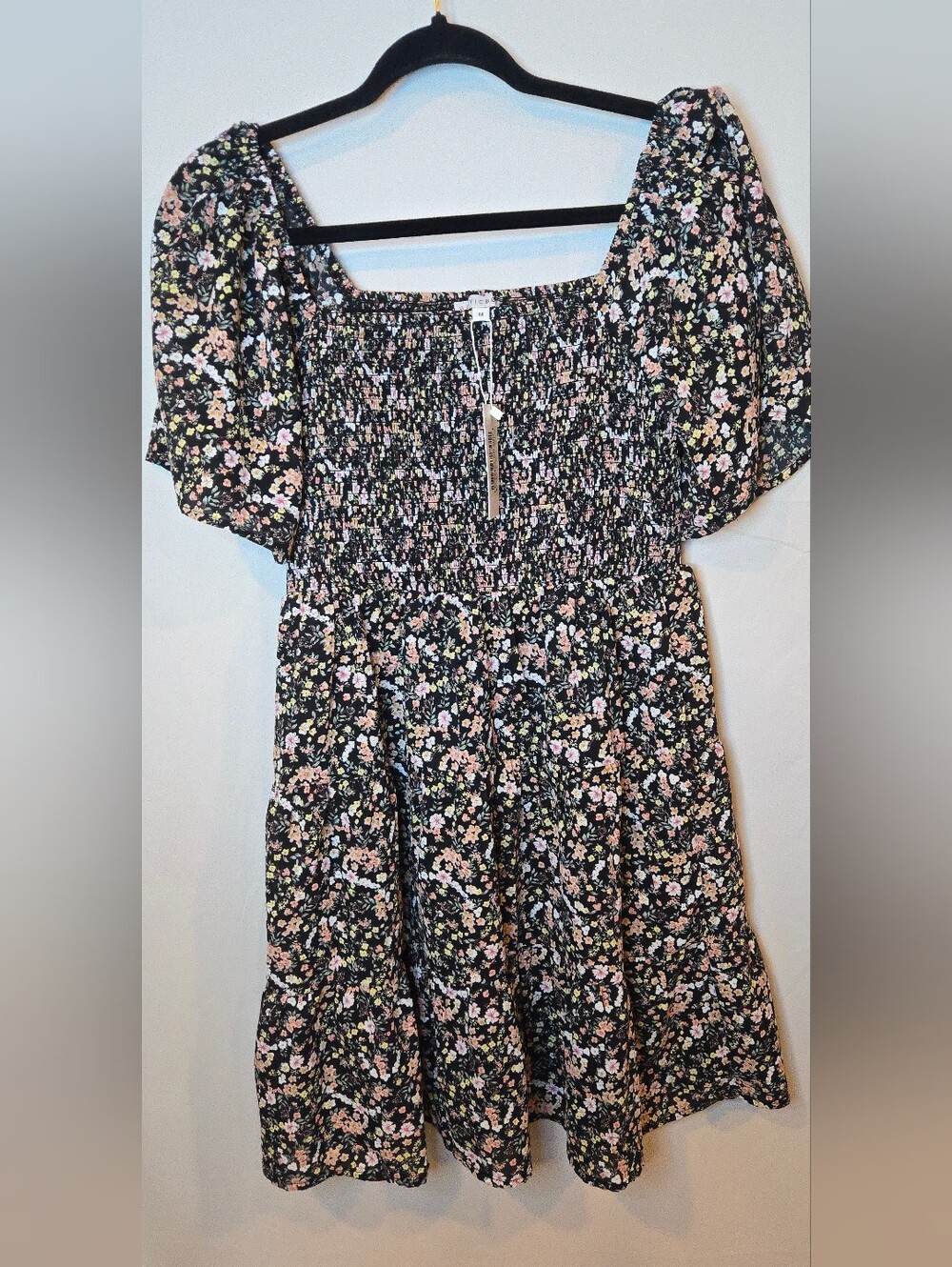 NWT Baltic Born Idera Smocked Puff-Sleeve Mini Dress - Black Pastel Floral M